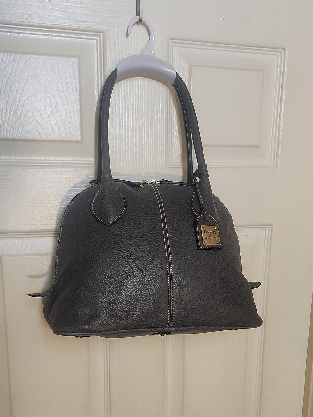 Dooney & Bourke Gray Pebbled Leather Satchel with Contrast Stitching